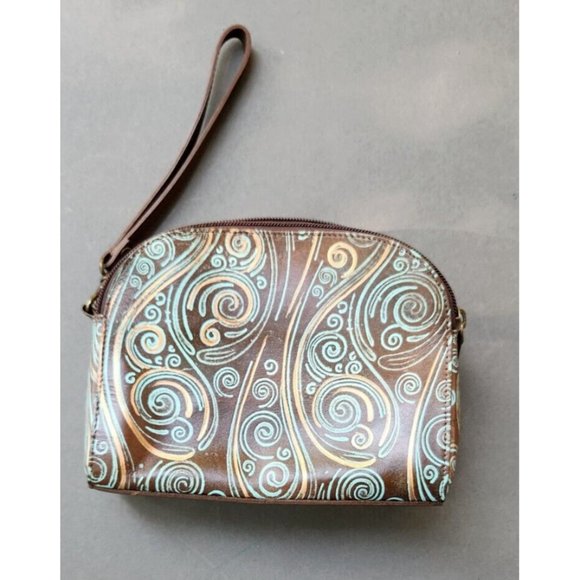 Anuschka Twin Top Wallet Wrislet Organizer Makeup Bag Tooled Waves Small Purse - Picture 2 of 16